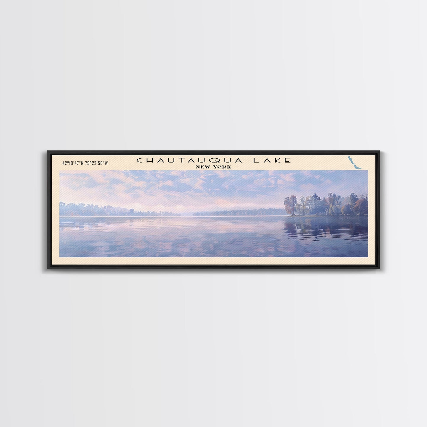 Chautauqua Lake New York Framed Canvas Print, Lake House Art, Panoramic Wide Wall Art, Travel Poster, Modern Lake Painting, Nature Art