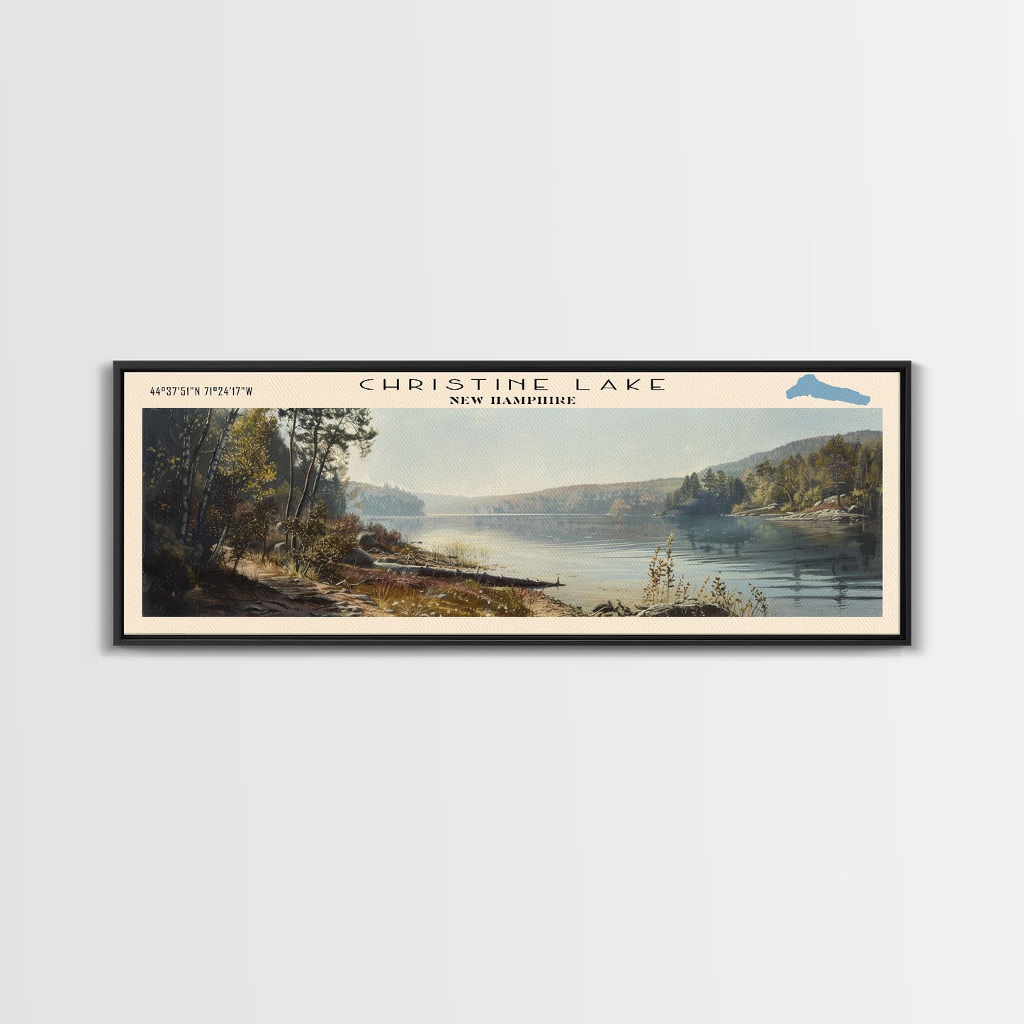 Christine Lake New Hampshire Framed Canvas Print, Lake House Art, Panoramic Wide Art, Travel Poster, Rustic Lake Painting, Home Decor