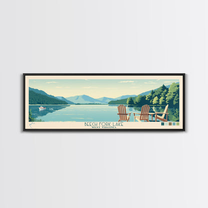 Beech Fork Lake West Virginia Framed Canvas Print, Panoramic Wall Art, Midcentury Modern, Pop Art, Travel Poster, Scenic Lake House Decor, Bedroom Art