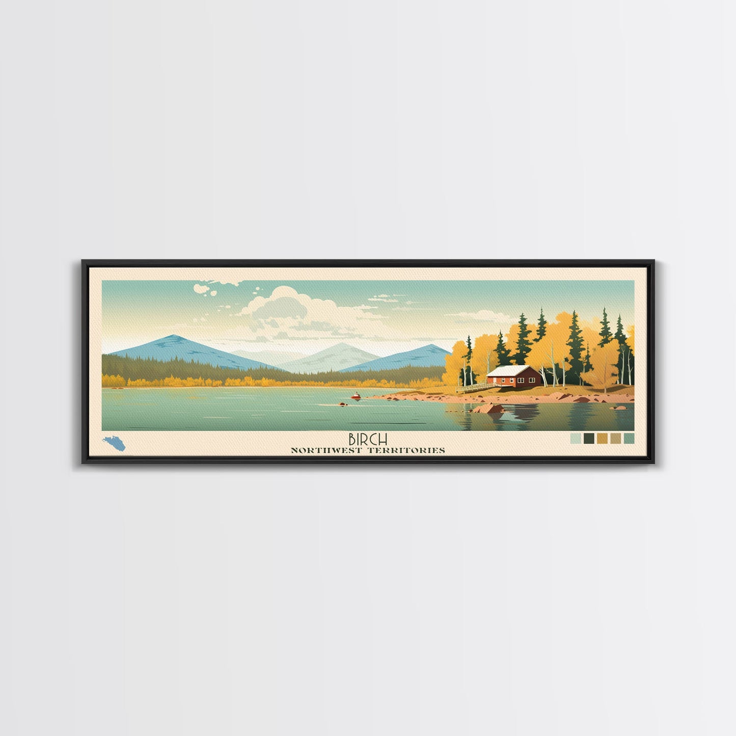 Birch Northwest Territories Framed Canvas Print, Panoramic Wall Art, Midcentury Modern, Pop Art, Travel Poster, Scenic Living Room Decor, Lake House Art