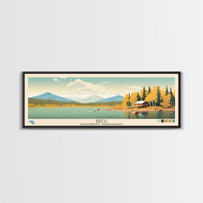 Birch Northwest Territories Framed Canvas Print, Panoramic Wall Art, Midcentury Modern, Pop Art, Travel Poster, Scenic Living Room Decor, Lake House Art