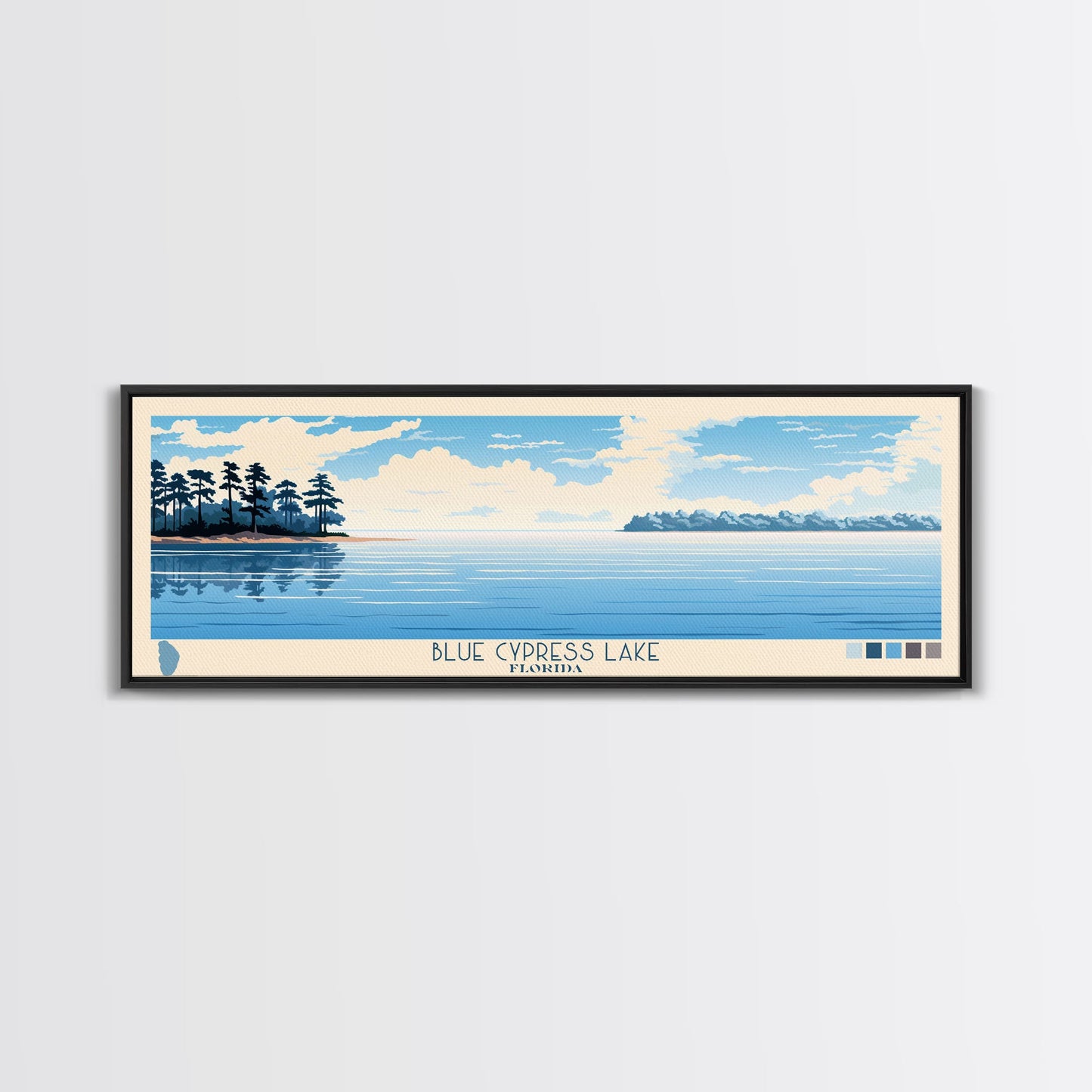Blue Cypress Lake Florida Framed Canvas Print, Panoramic Wall Art, Midcentury Modern, Pop Art, Travel Poster, Scenic Living Room Art, Lake House Decor