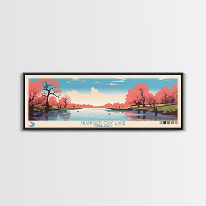 Branched Oak Lake Nebraska Framed Canvas Print, Pop Art Panoramic Travel Poster, Bedroom Decor, Midcentury Modern, Wall Art, Scenic Lake House