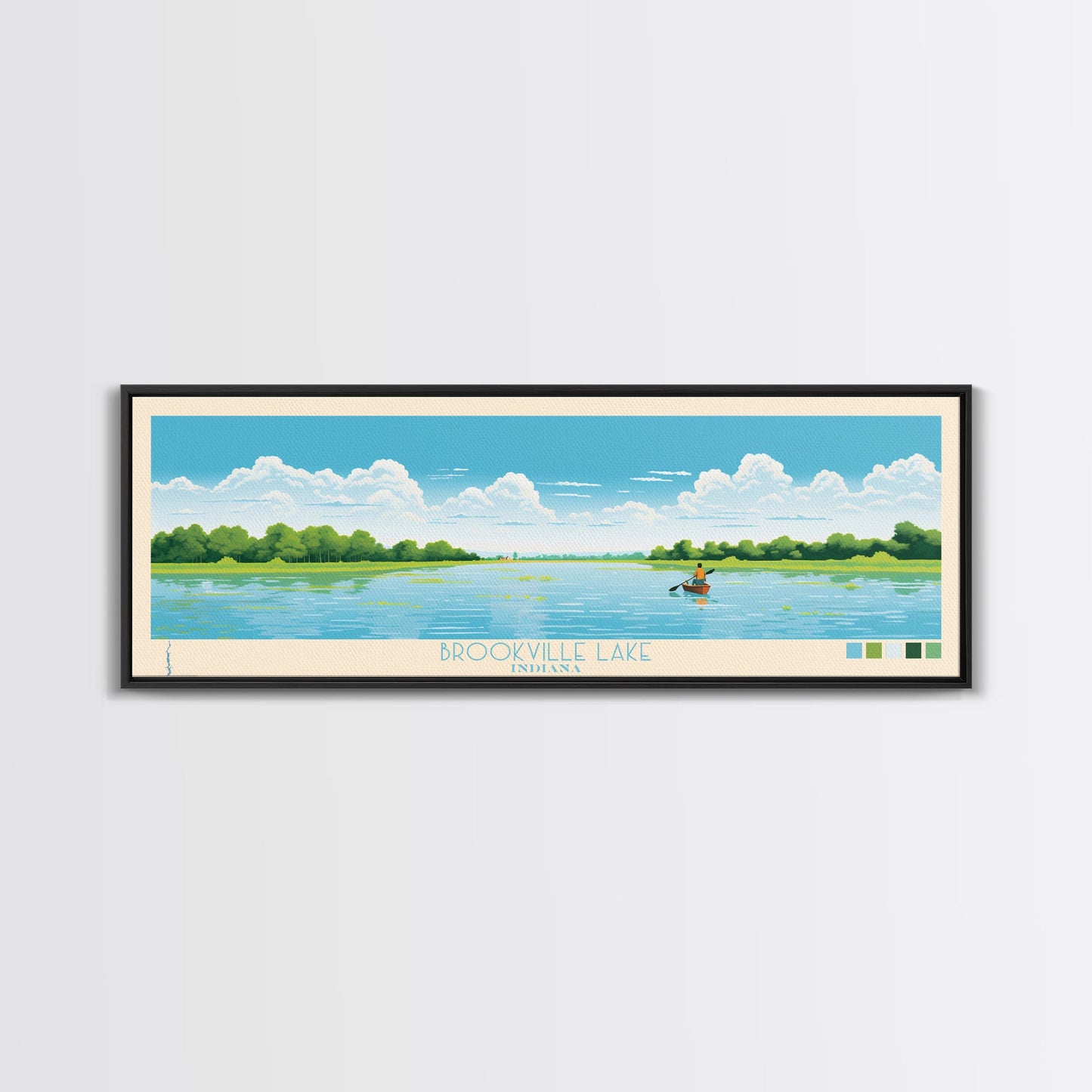 Brookville Lake Indiana Framed Canvas Print, Midcentury Modern Panoramic Wall Art, Living Room Decor, Pop Art, Travel Poster Art, Nature Painting