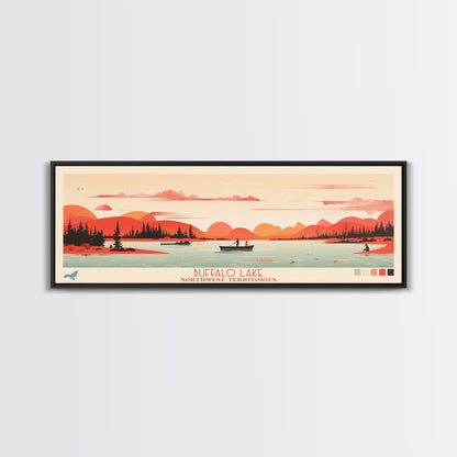 Buffalo Lake Northwest Territories Framed Canvas Print, Pop Art Panoramic Travel Poster, Midcentury Modern, Wall Art, Scenic Nature Painting, Bedroom Decor
