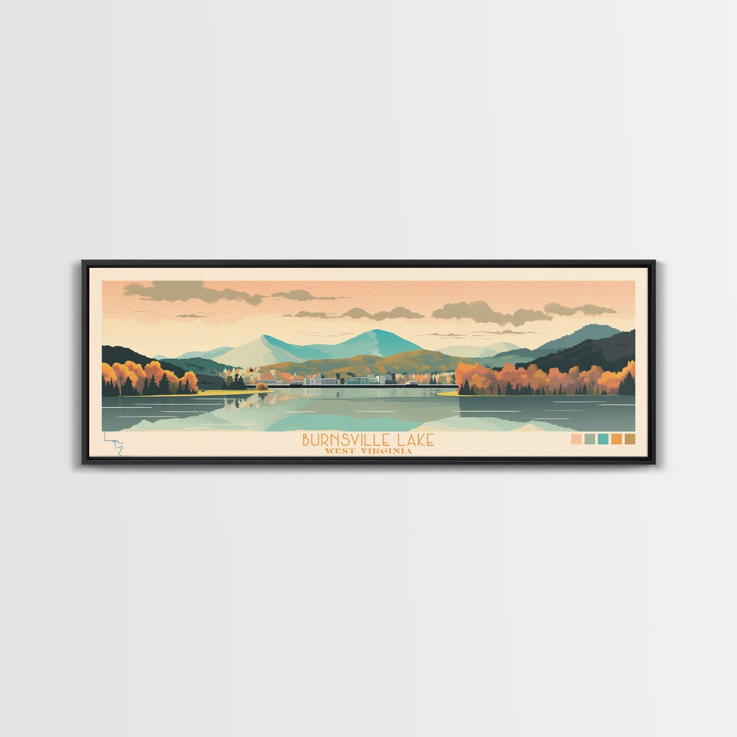 Burnsville Lake West Virginia Framed Canvas Print, Midcentury Modern Panoramic Wall Art, Living Room Decor, Pop Art, Travel Poster Art, Scenic Nature Painting