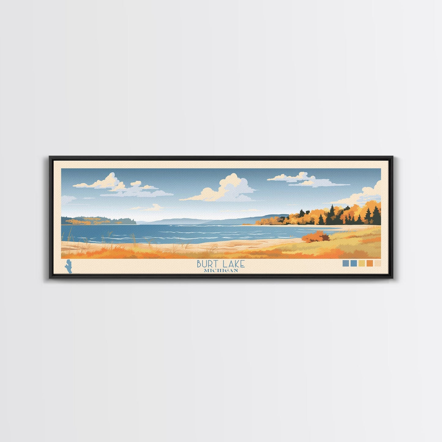 Burt Lake Michigan Framed Canvas Print, Pop Art Panoramic Travel Poster, Midcentury Modern, Wall Art, Scenic Nature Painting, Bedroom Decor