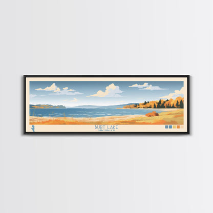 Burt Lake Michigan Framed Canvas Print, Pop Art Panoramic Travel Poster, Midcentury Modern, Wall Art, Scenic Nature Painting, Bedroom Decor