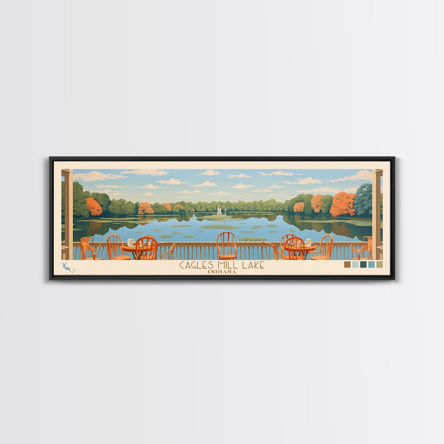 Cagles Mill Lake Indiana Framed Canvas Print, Midcentury Modern Panoramic Wall Art, Living Room Decor, Pop Art, Travel Poster Art, Scenic Nature Painting