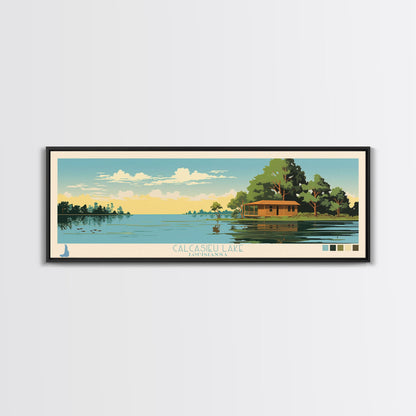 Calcasieu Lake Louisianna Framed Canvas Print, Pop Art Panoramic Travel Poster, Midcentury Modern, Wall Art, Scenic Nature Painting, Bedroom Decor