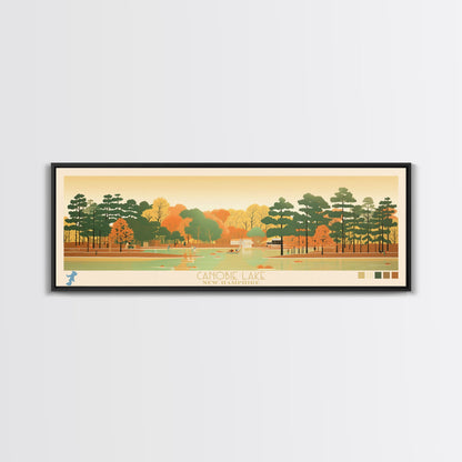 Canobie Lake New Hamphire Framed Canvas Print, Midcentury Modern Panoramic Wall Art, Living Room Decor, Pop Art, Travel Poster Art, Scenic Nature Painting