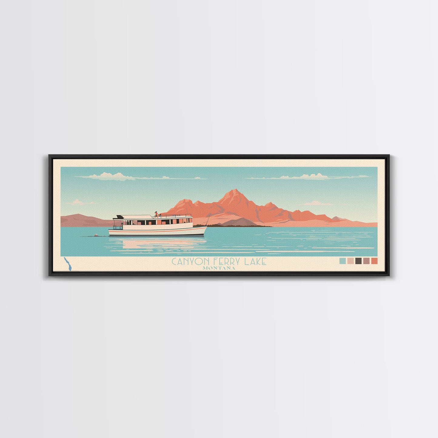 Canyon Ferry Lake Montana Framed Canvas Print, Pop Art Panoramic Travel Poster, Bedroom Decor, Midcentury Modern, Wall Art, Scenic Lake House, Nature Art