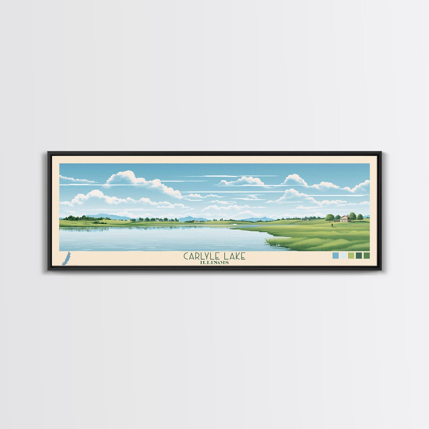 Carter Lake Nebraska Framed Canvas Print, Midcentury Modern Panoramic Wall Art, Living Room Decor, Pop Art, Travel Poster Art, Scenic Nature Painting, Lake House Decor