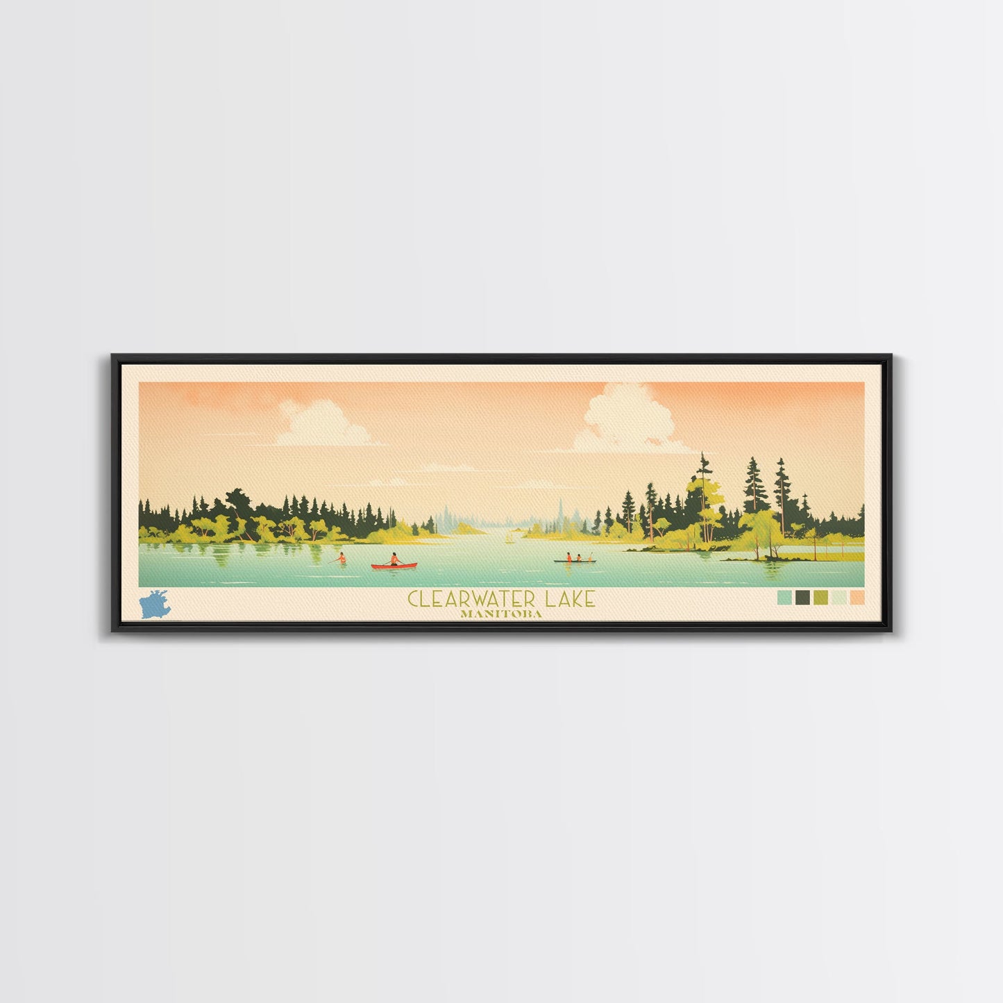Clearwater Lake Manitoba Framed Canvas Print, Midcentury Modern Panoramic Wall Art, Living Room Decor, Pop Art, Travel Poster Art, Scenic Nature Painting, Lake House Decor