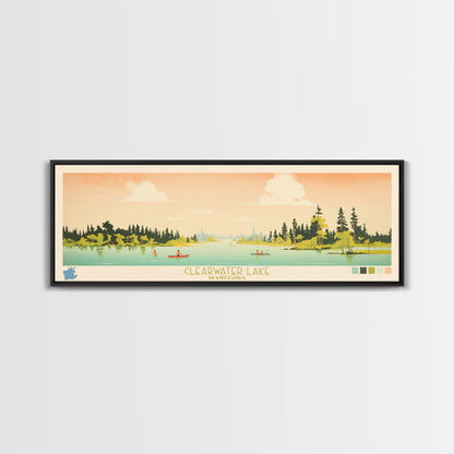 Clearwater Lake Manitoba Framed Canvas Print, Midcentury Modern Panoramic Wall Art, Living Room Decor, Pop Art, Travel Poster Art, Scenic Nature Painting, Lake House Decor