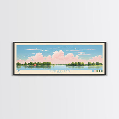 Coralville Lake Iowa Framed Canvas Print, Midcentury Modern Panoramic Wall Art, Living Room Decor, Pop Art, Travel Poster Art, Scenic Nature Painting, Lake House Decor