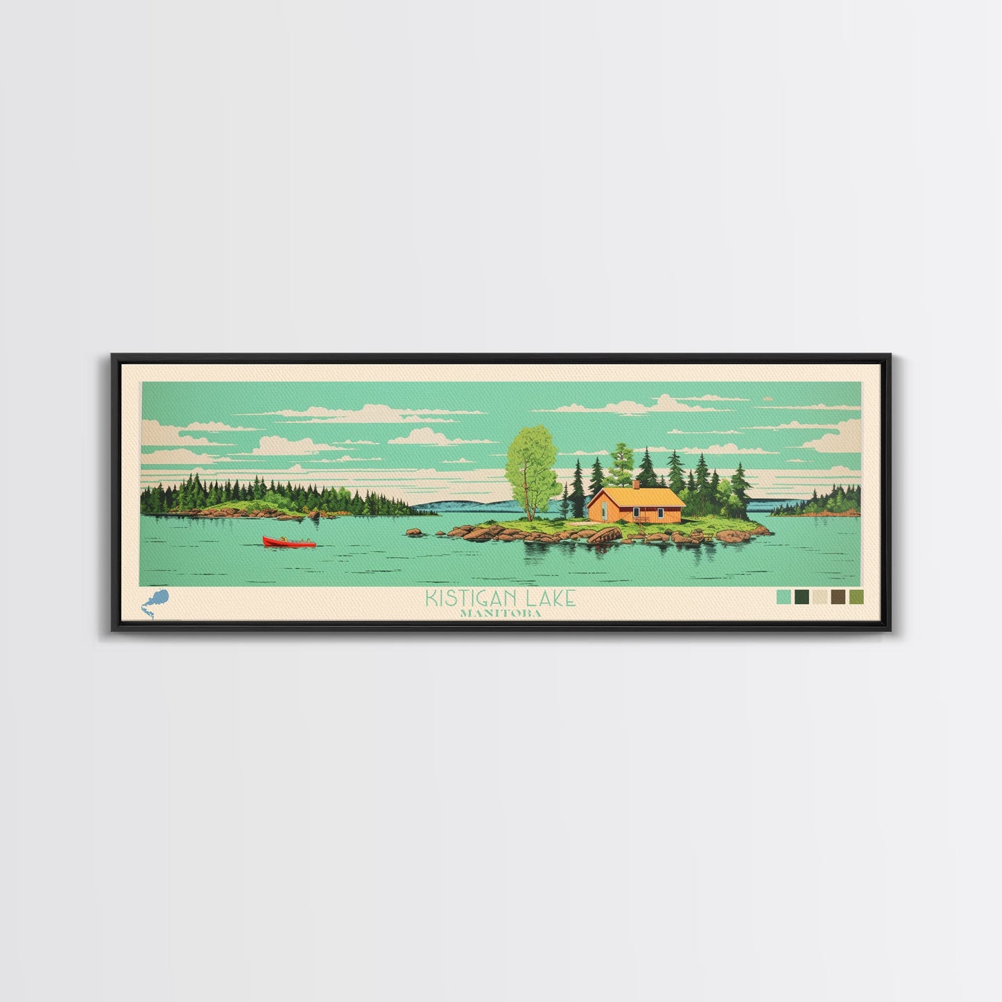 Kistigan Lake Manitoba Framed Canvas Print, Panoramic Wall Art, Midcentury Modern, Pop Art, Bedroom Decor, Travel Poster, Nature Decor