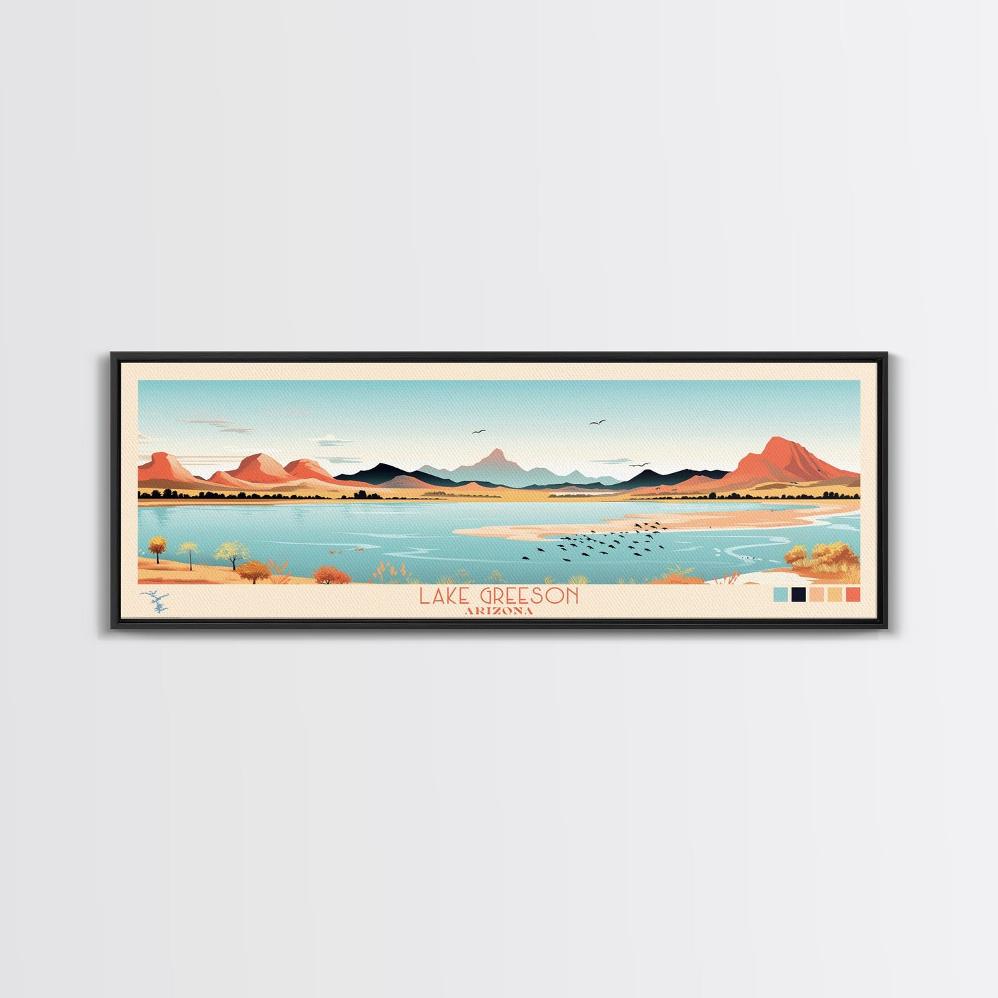 Leinwanddruck „Lake Greenson, Arizona“ mit Rahmen, Panorama-Wandbild, Midcentury Modern, Pop Art, Wohnzimmerdekoration, Reiseposter, Schlafzimmerkunst