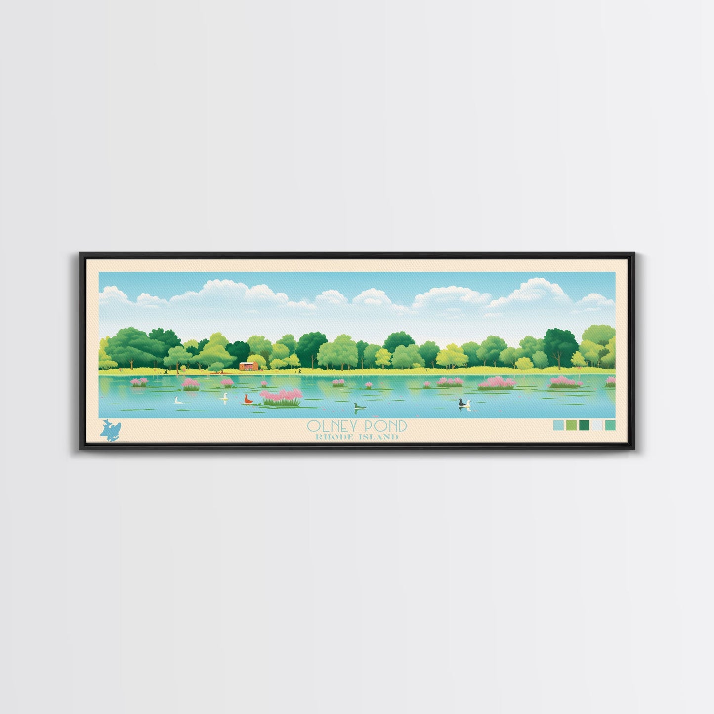 Olney Pond, Rhode Island Framed Canvas Print, Panoramic Wall Art, Midcentury Modern, Pop Art, Home Decor, Travel Poster, Living Room Art