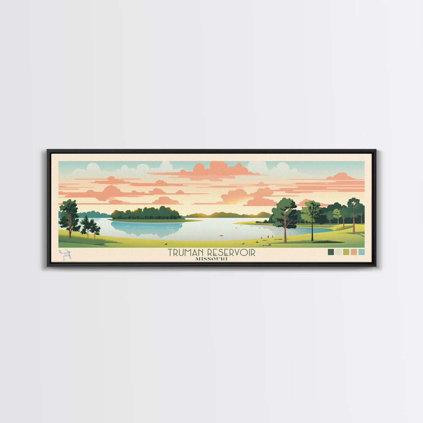 Truman Reservoir, Missouri Framed Canvas Print, Lake House Decor, Midcentury Modern Art, Pop Art, Travel Poster, Living Room Wall Art