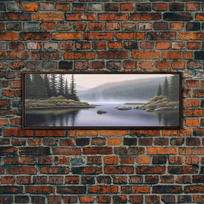 Colored Pencil Landscape Wall Art Print, Riverbank, River, Trees, Mountain, Nature Large Canvas Art Print, Panoramic, Wall Art, Canvas Print