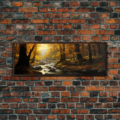 The Forest In The Autumn, Fall Centerpiece, Panoramic Painting Framed Canvas Print, Fall Decor, Orange Leaves Falling In The Forest