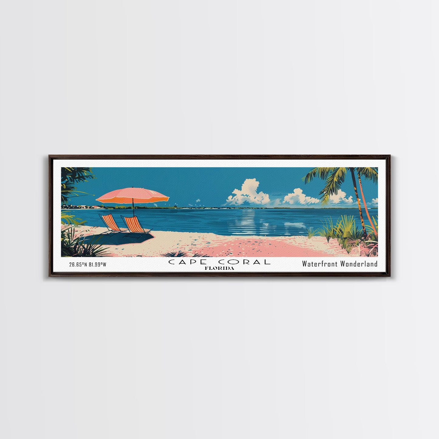 Cape Coral Florida Panoramic Painting, Mid Century Modern Framed Canvas Print, Retro Pop Art Travel Poster, Home Decor, City Print