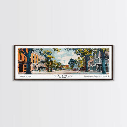 Carmel Indiana Panoramic Painting, Mid Century Modern Framed Canvas Print, Retro Pop Art Travel Poster, Home Decor, City Art