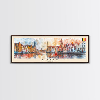 Bruges Belgium Travel Art, City Art, Framed Canvas Print or Metal Wall Art, Europe Travel Poster, Panoramic Wall Art, Extra Wide Wall Art