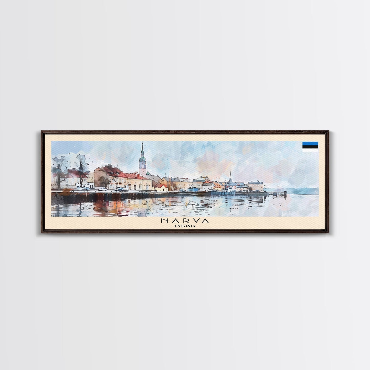 Narva, Estland – Panorama-Reiseposter, gerahmter Leinwanddruck oder Wandbild aus Metall, Reisekunst, Wohndekoration, Panoramagemälde, Kunst der Mitte des 20. Jahrhunderts