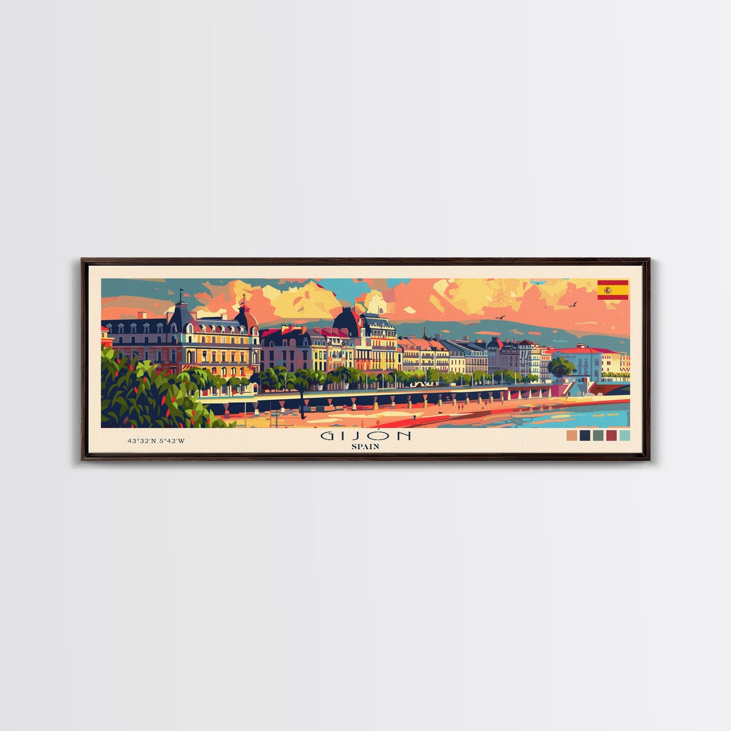 Gijón, Spanien – Kunstdruck für die Wand, Panorama-Stadtbild, Reisekunst, Wanddekoration, Urlaubsgeschenk, gerahmter Leinwanddruck oder Metallbild