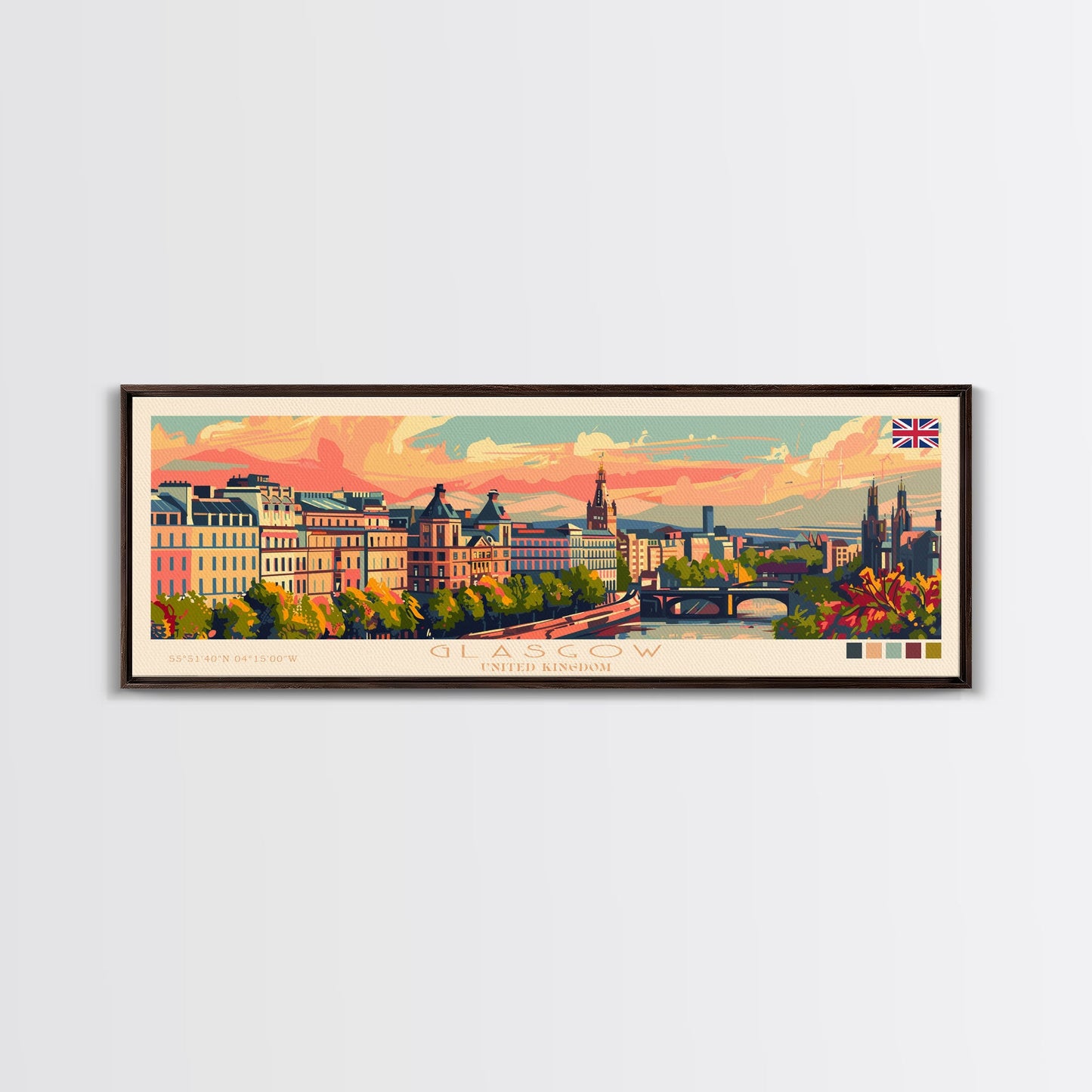 Glasgow, Vereinigtes Königreich – Reisekunst, Stadtkunst, gerahmter Leinwanddruck oder Wandbild aus Metall, Europa-Reiseposter, Panorama-Wandbild, extra breites Wandbild