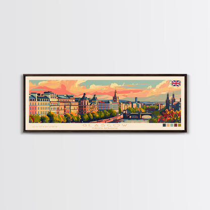 Glasgow, Vereinigtes Königreich – Reisekunst, Stadtkunst, gerahmter Leinwanddruck oder Wandbild aus Metall, Europa-Reiseposter, Panorama-Wandbild, extra breites Wandbild
