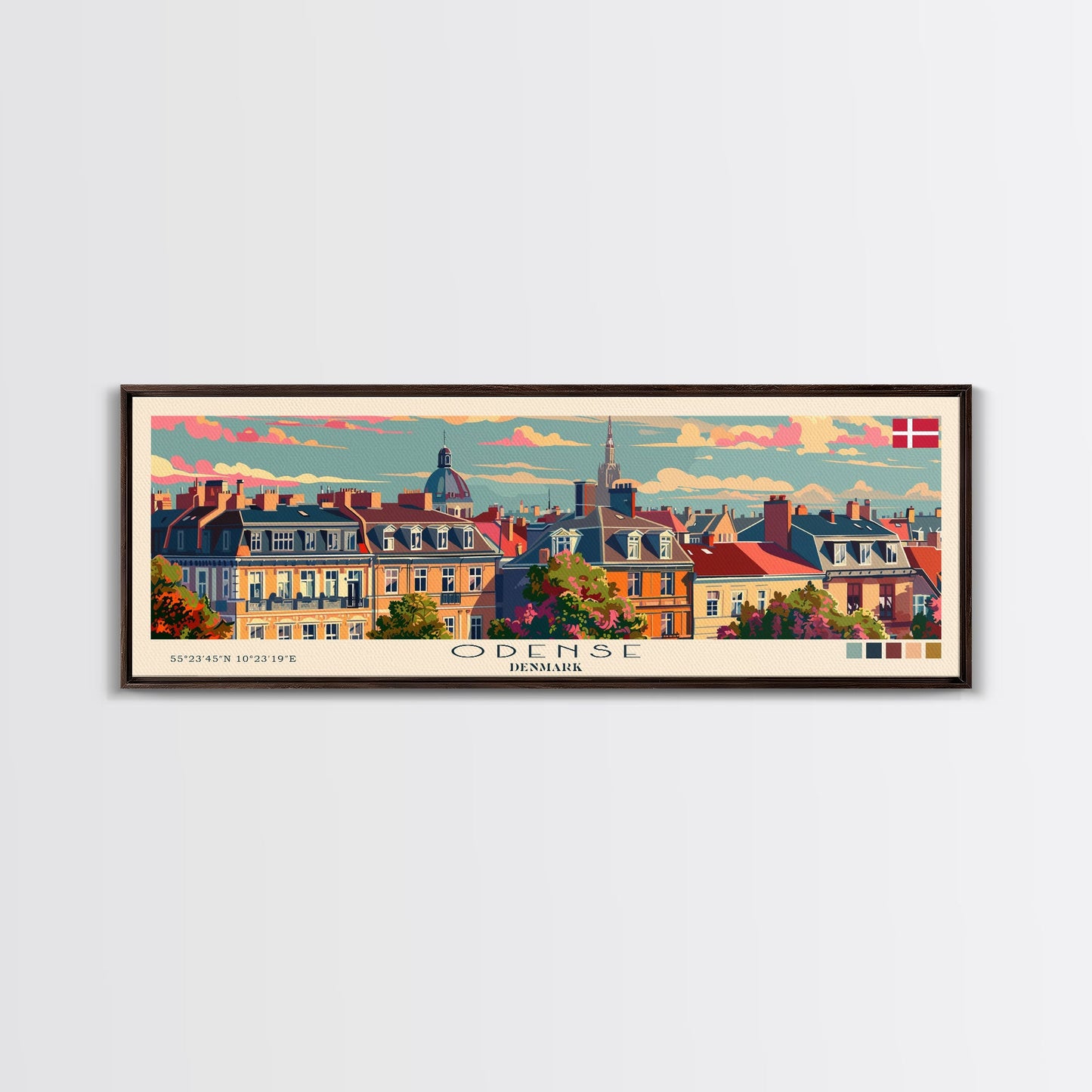Odense, Dänemark – Wandbild, Panorama-Reiseposter, gerahmter Panorama-Leinwanddruck, Stadtbild, Wanddekoration, Reisekunst