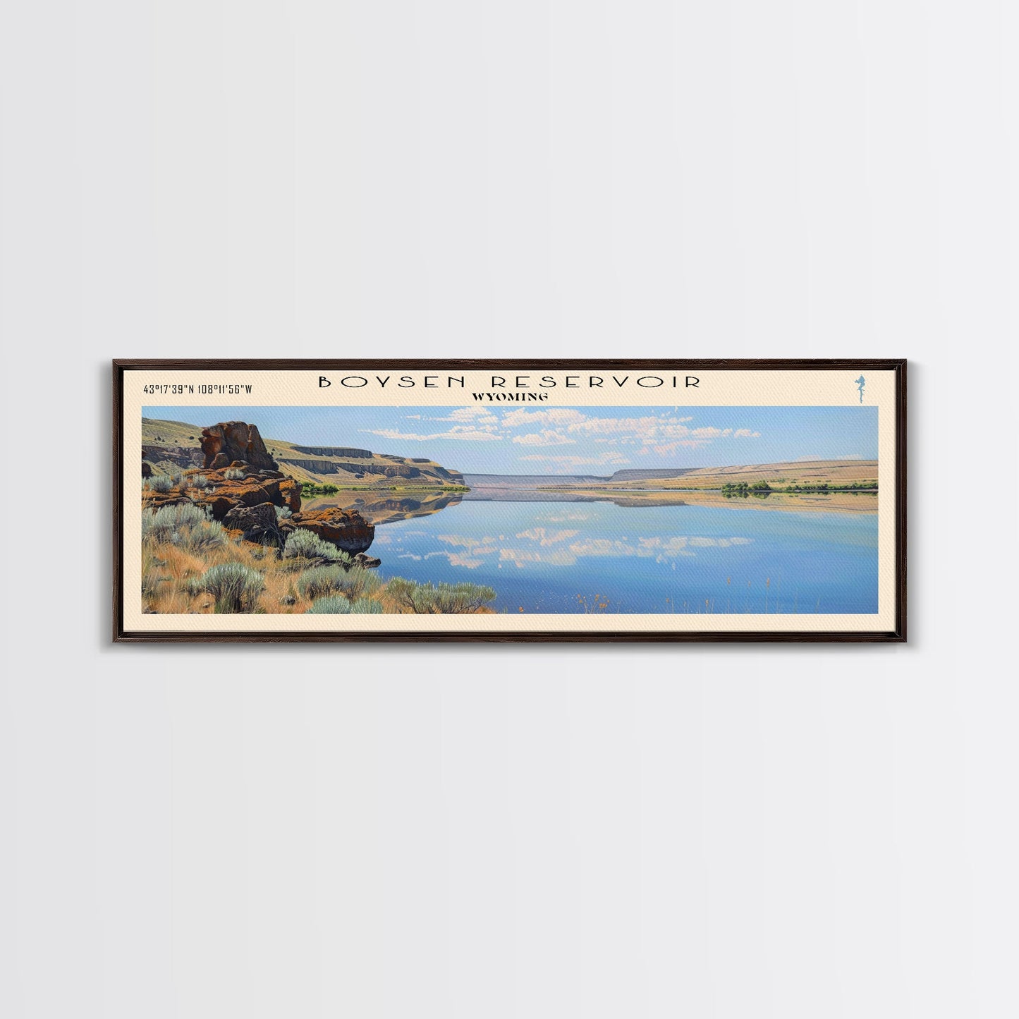 Boysen Reservoir Wyoming Framed Canvas Print, Lake House Art, Panoramic Wall Art, Travel Poster, Minimalist Lake Painting, Home Decor
