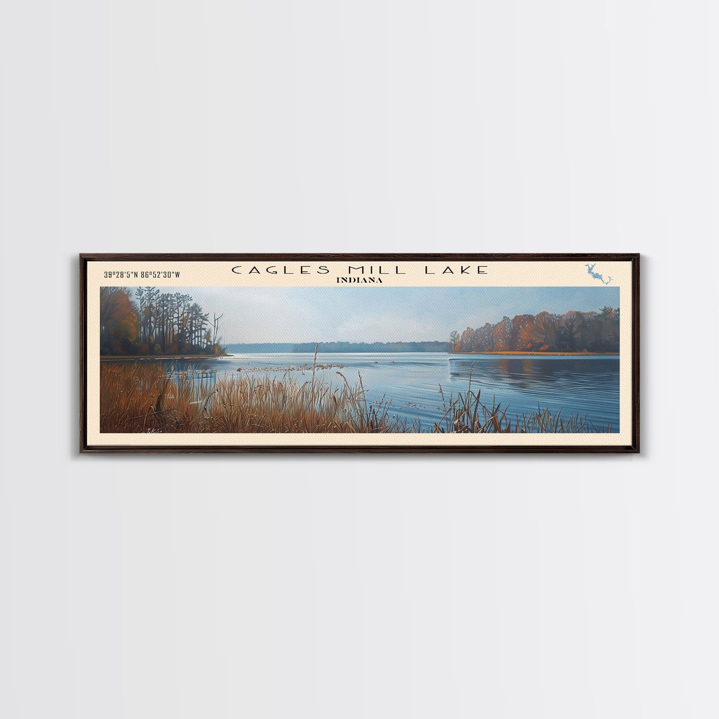 Cagles Mill Lake Indiana Framed Canvas Print, Lake House Art, Panoramic Travel Poster, Wall Art, Modern Lake Painting, Home Decor