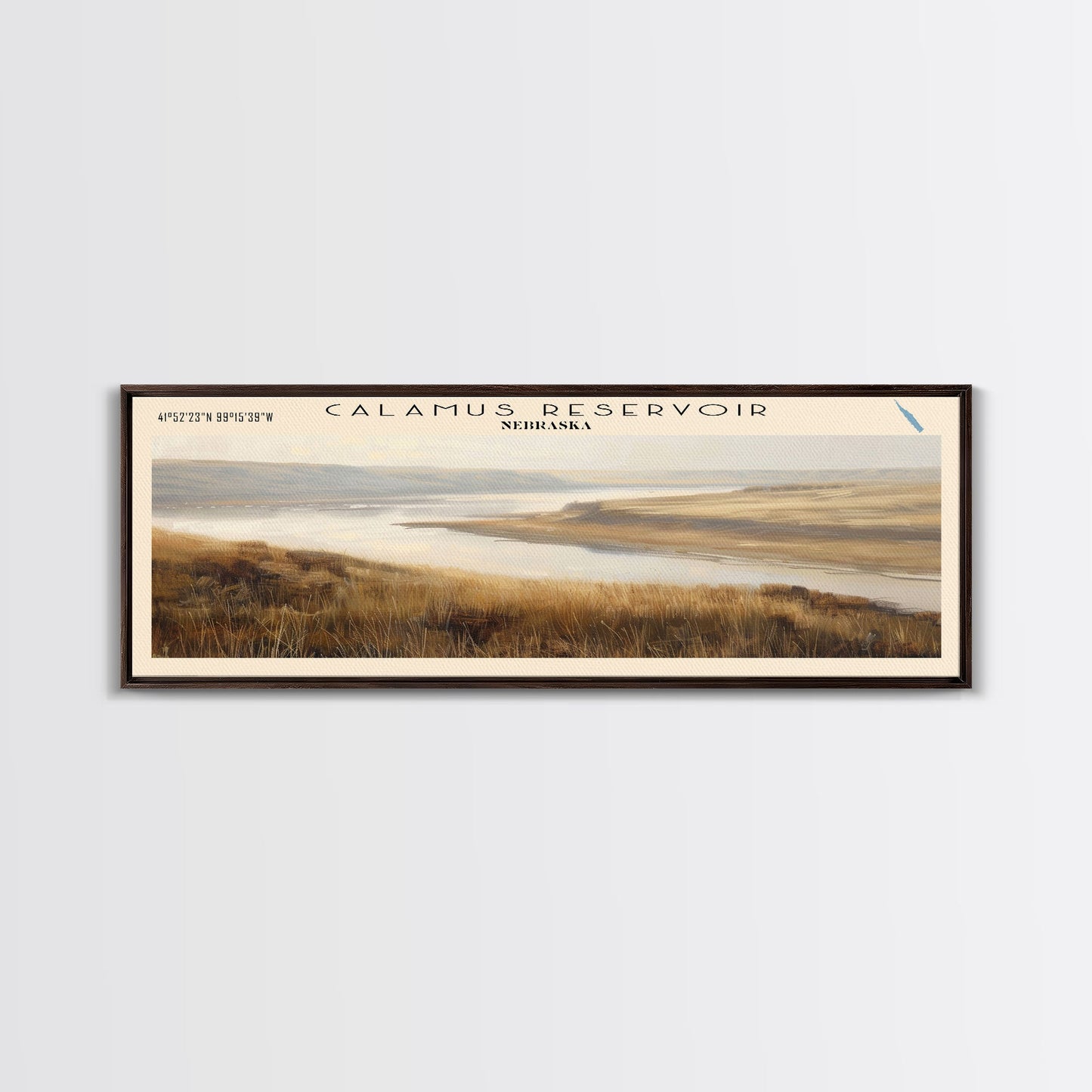 Calamus Reservoir Nebraska Framed Canvas Print, Panoramic Lake House Decor, Wall Art, Travel Poster, Rustic Lake Painting, Nature Art