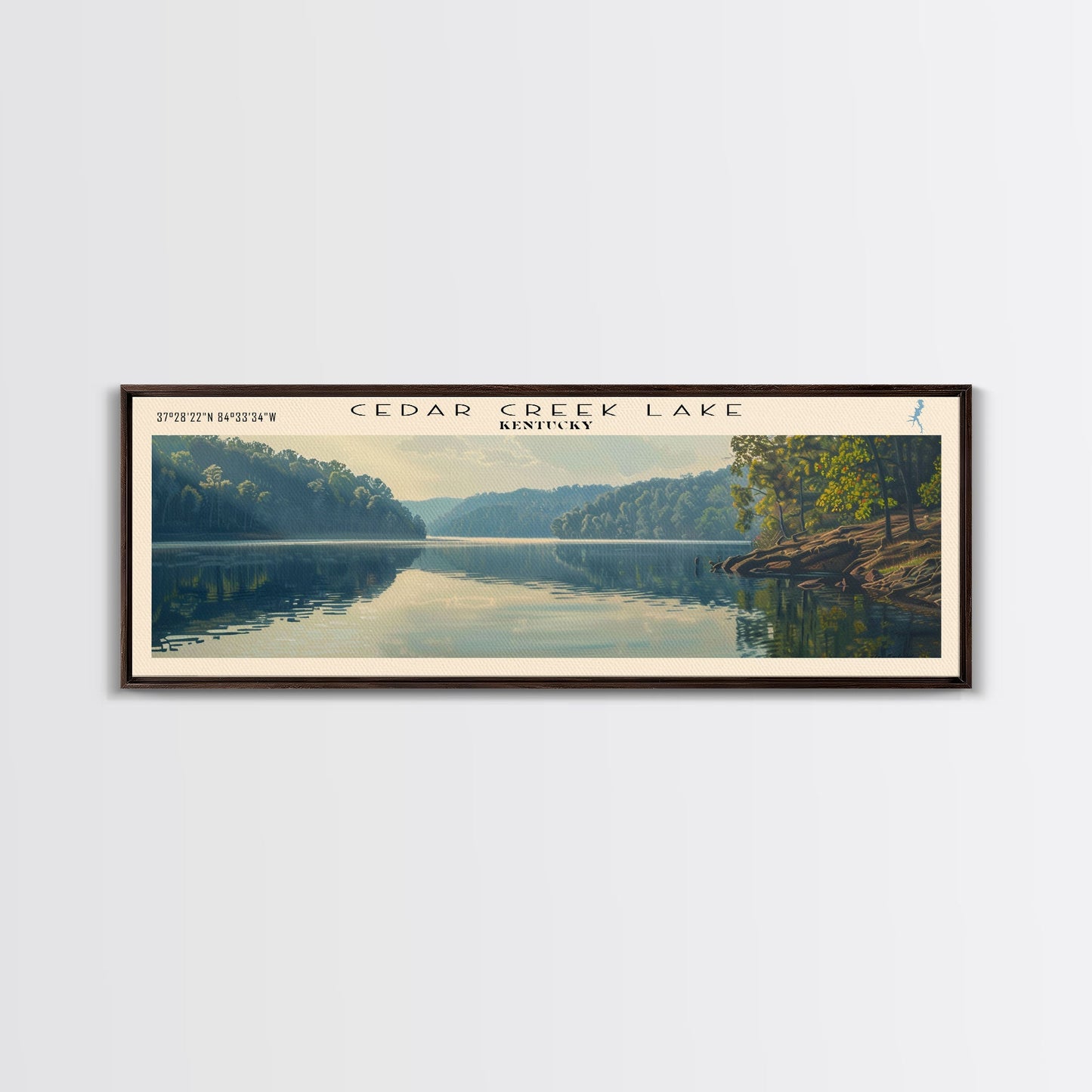 Cedar Creek Lake Kentucky Framed Canvas Print, Panoramic Lake House Decor, Wide Wall Art, Travel Poster, Rustic Lake Painting, Nature Art