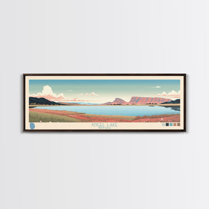 Angel Lake Nevada Framed Canvas Print, Panoramic Wall Art, Midcentury Modern, Pop Art, Travel Poster, Scenic Lake House Art