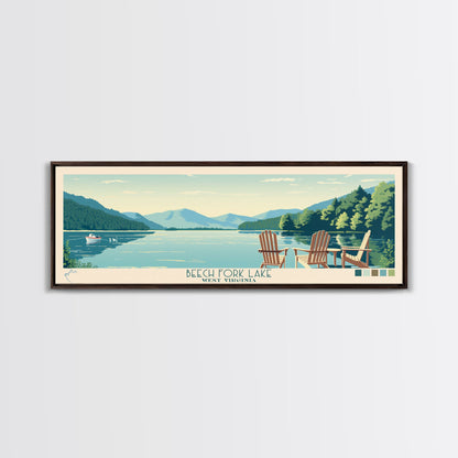 Beech Fork Lake West Virginia Framed Canvas Print, Panoramic Wall Art, Midcentury Modern, Pop Art, Travel Poster, Scenic Lake House Decor, Bedroom Art