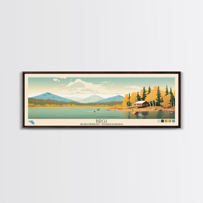 Birch Northwest Territories Framed Canvas Print, Panoramic Wall Art, Midcentury Modern, Pop Art, Travel Poster, Scenic Living Room Decor, Lake House Art