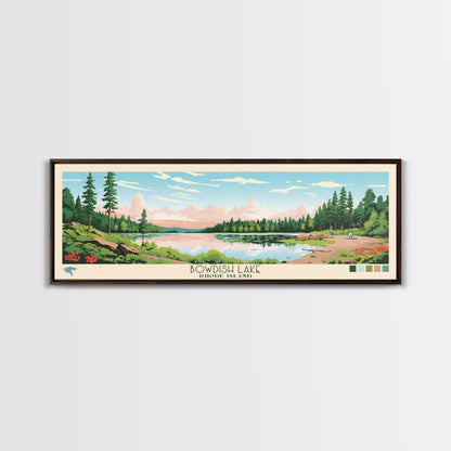 Bowdish Lake Rhode Island Framed Canvas Print, Panoramic Travel Poster, Midcentury Modern Wall Art, Pop Art, Nature Bedroom Decor, Scenic Lake House Art