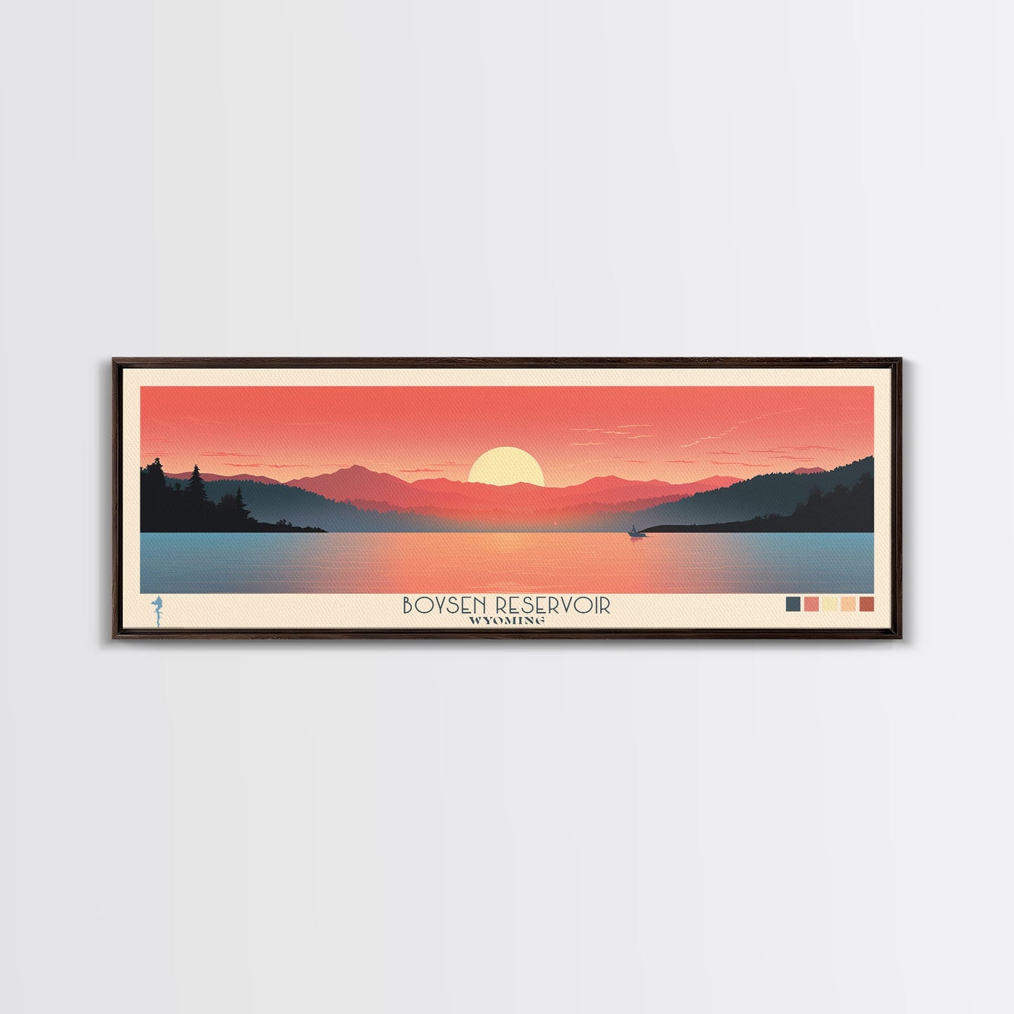 Boysen Reservoir Wyoming Framed Canvas Print, Panoramic Travel Poster, Midcentury Modern Wall Art, Pop Art, Nature Bedroom Decor, Scenic Lake House Art