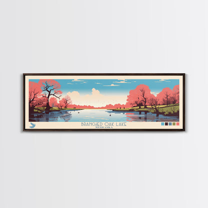 Branched Oak Lake Nebraska Framed Canvas Print, Pop Art Panoramic Travel Poster, Bedroom Decor, Midcentury Modern, Wall Art, Scenic Lake House