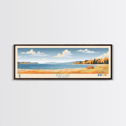 Burt Lake Michigan Framed Canvas Print, Pop Art Panoramic Travel Poster, Midcentury Modern, Wall Art, Scenic Nature Painting, Bedroom Decor