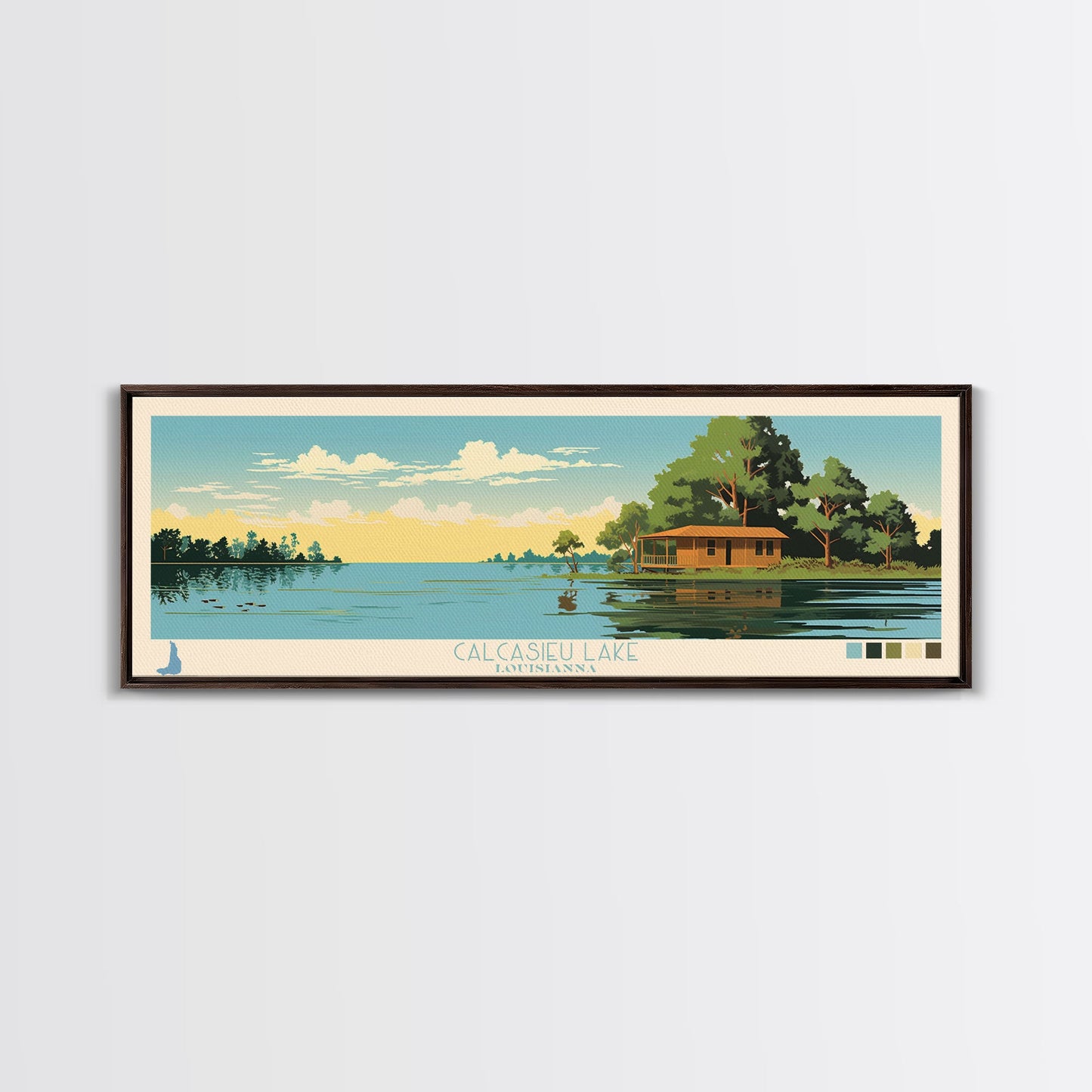 Calcasieu Lake Louisianna Framed Canvas Print, Pop Art Panoramic Travel Poster, Midcentury Modern, Wall Art, Scenic Nature Painting, Bedroom Decor