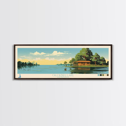 Calcasieu Lake Louisianna Framed Canvas Print, Pop Art Panoramic Travel Poster, Midcentury Modern, Wall Art, Scenic Nature Painting, Bedroom Decor