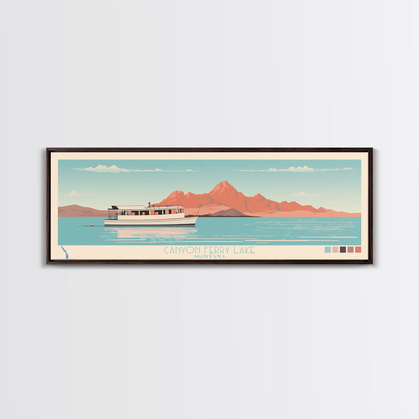 Canyon Ferry Lake Montana Framed Canvas Print, Pop Art Panoramic Travel Poster, Bedroom Decor, Midcentury Modern, Wall Art, Scenic Lake House, Nature Art