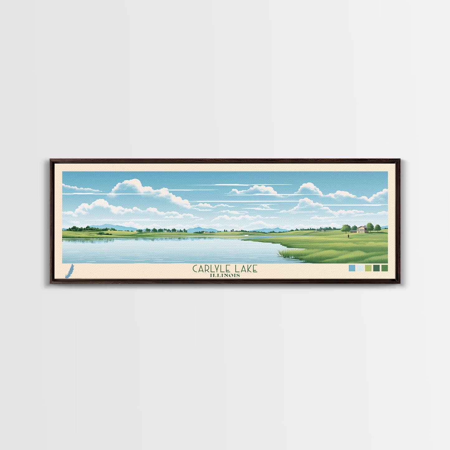Carter Lake Nebraska Framed Canvas Print, Midcentury Modern Panoramic Wall Art, Living Room Decor, Pop Art, Travel Poster Art, Scenic Nature Painting, Lake House Decor