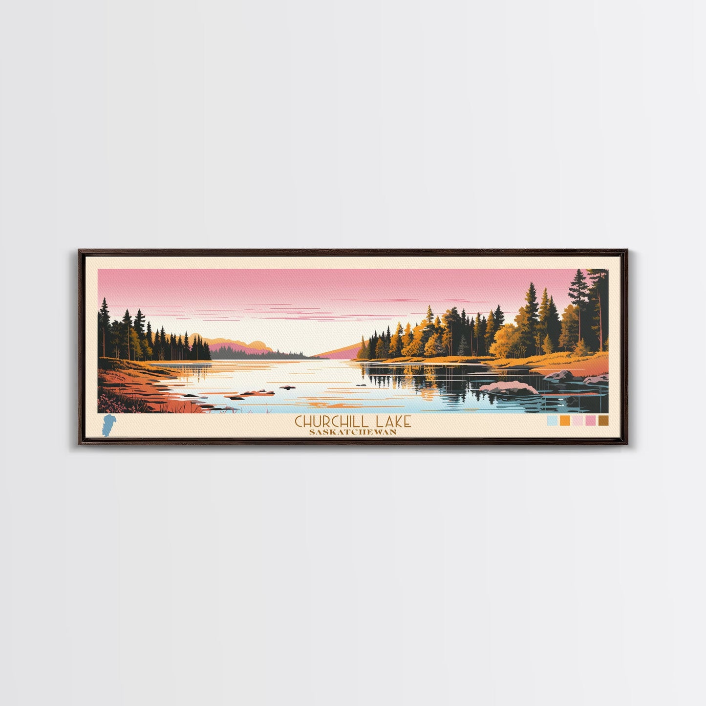 Churchill Lake Saskatchewan Framed Canvas Print, Midcentury Modern Panoramic Wall Art, Living Room Decor, Pop Art, Travel Poster Art, Scenic Nature Painting, Lake House Decor